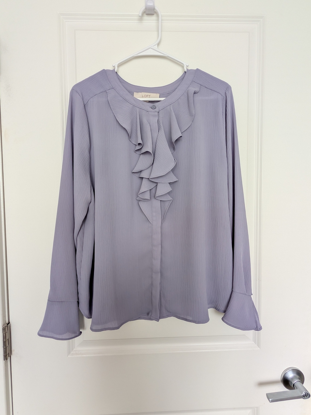 LOFT Lavender Ruffle Front Long-Sleeve Button Down Shirt